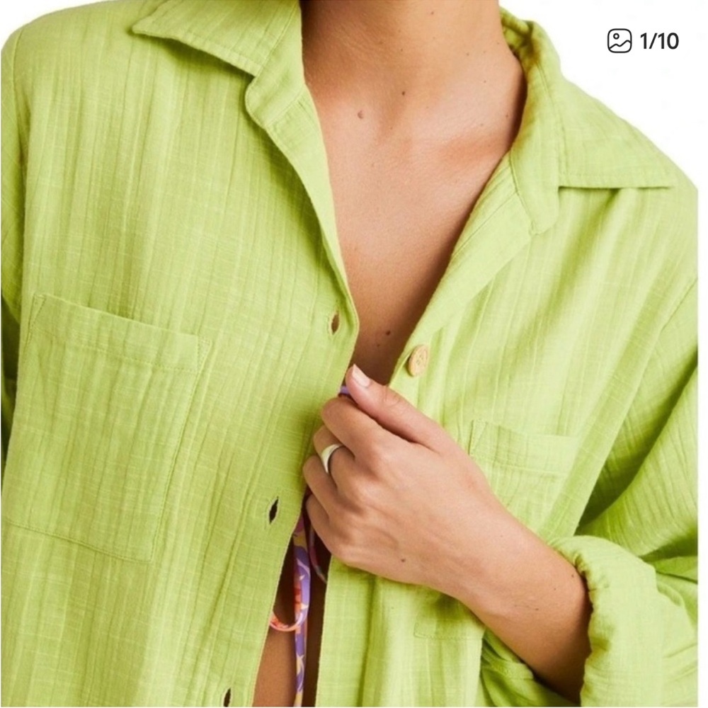 MAGASCHONI Chartreuse Organic Cotton Roll Tab Sleeve Beachy Blouse Size XS